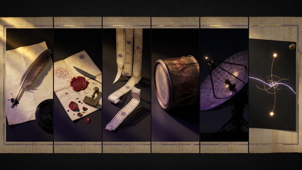 Six-panel sequence: quill and parchment, broken wax seal, paper tape, bombe drum, satellite dish, entanglement diagram